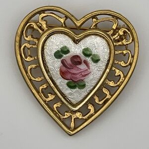 Heart Brooch Pin Roses Floral Flower Gold Tone Filagree
